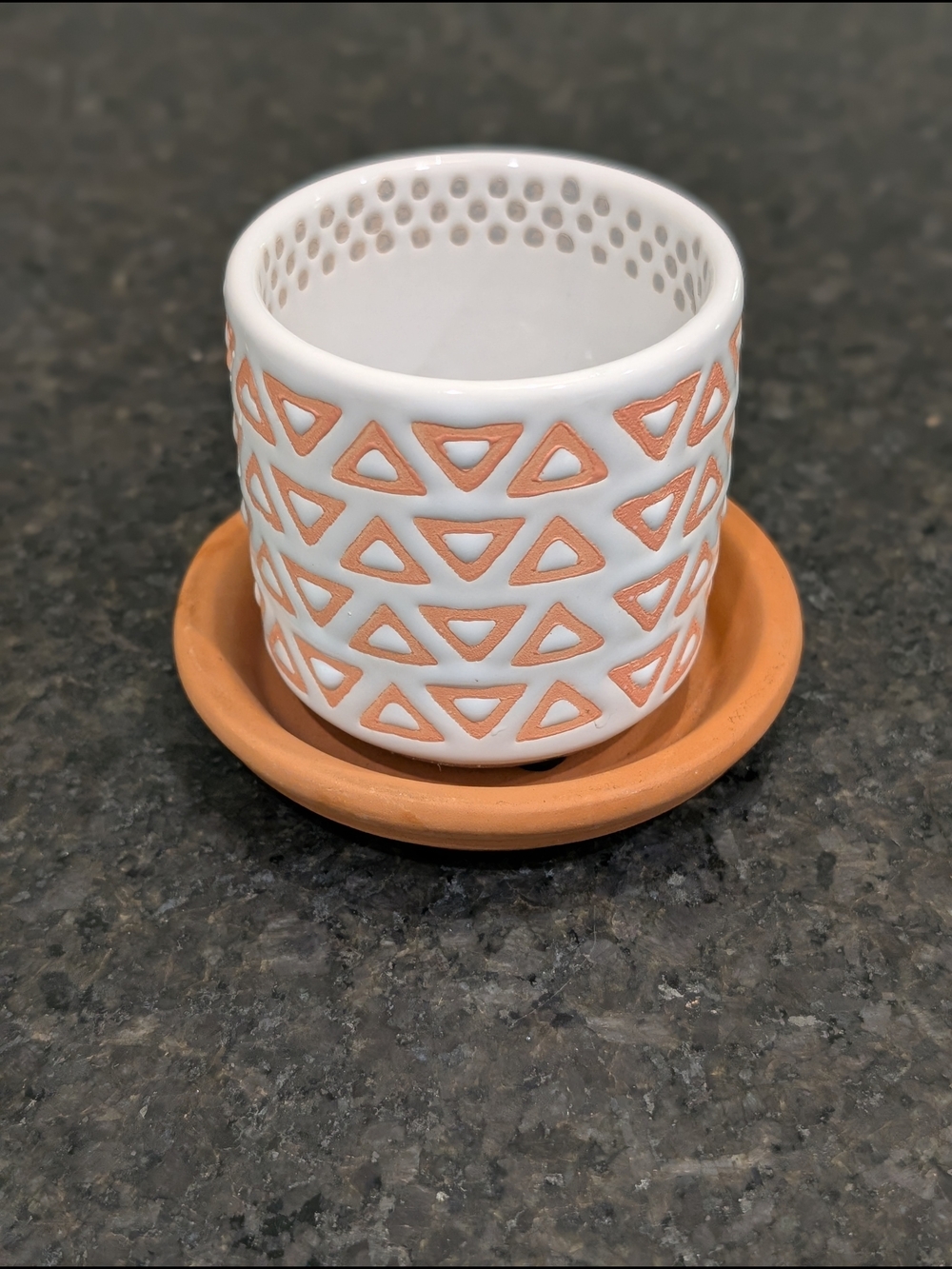 Ceramic Planter with Terracotta Triangle Accents and Saucer